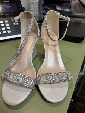 Embellished Ivory Ankle-Strap Wedge Sandals